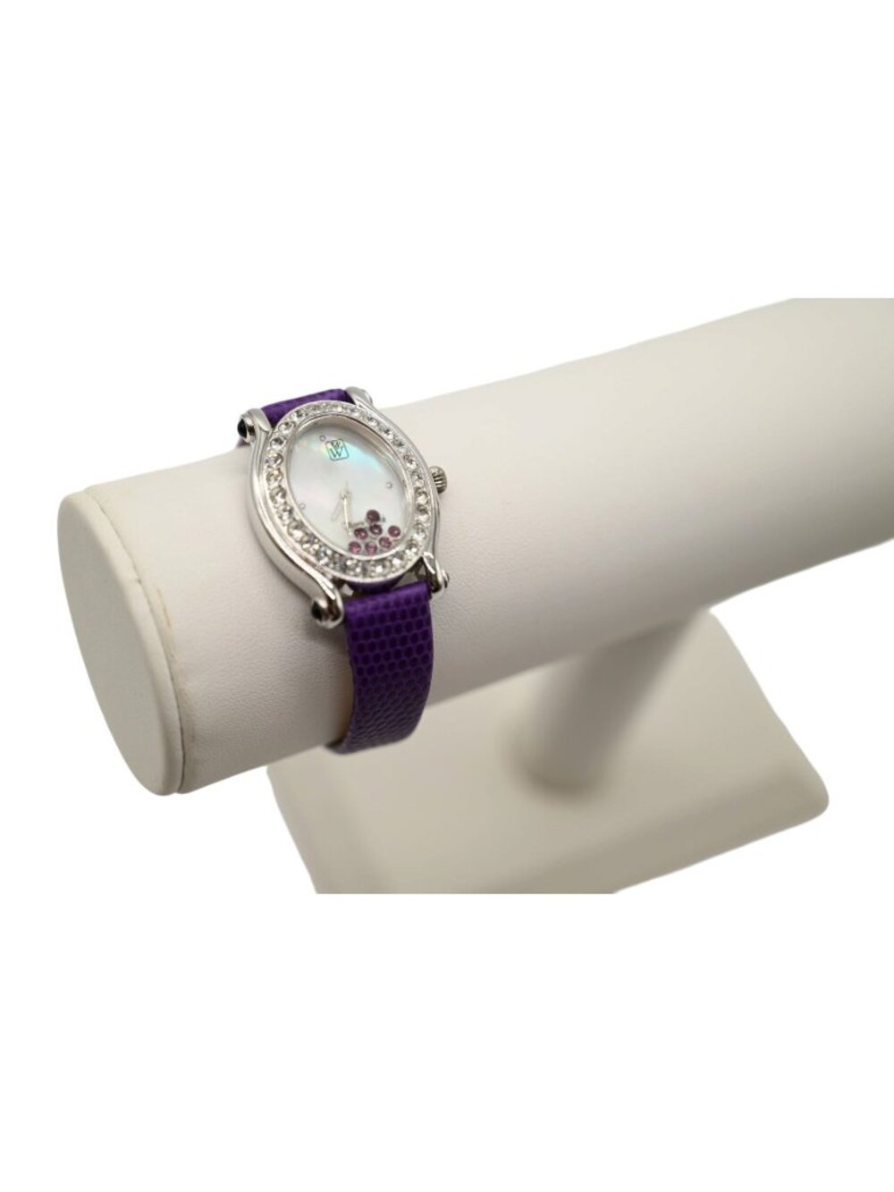 Victoria Wieck Silver Tone Floating Rhinestone Oval Watch Purple Leather Band